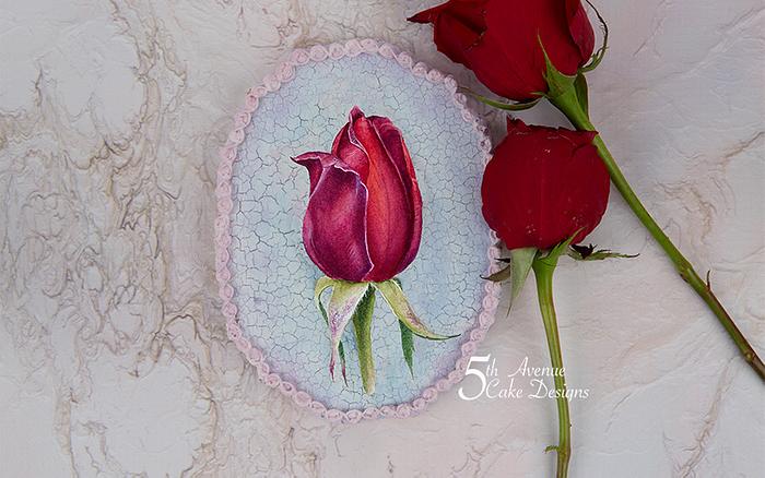 5th Avenue Red Rosebud with Cracked Glazed Background Cookie Art Course🍃🌹💞
