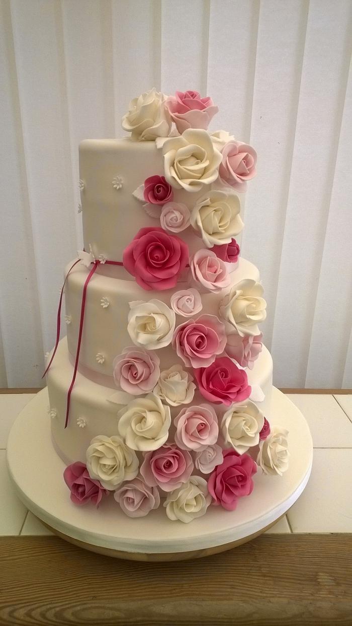 Shades of Pink Rose Cascade Wedding Cake