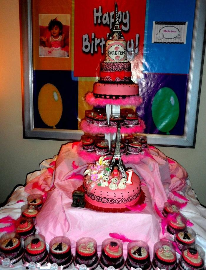 paris themed cake and cupcakes