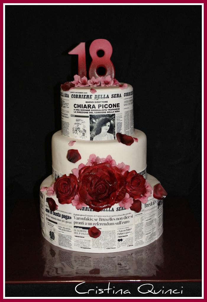 Newspapers and roses cake