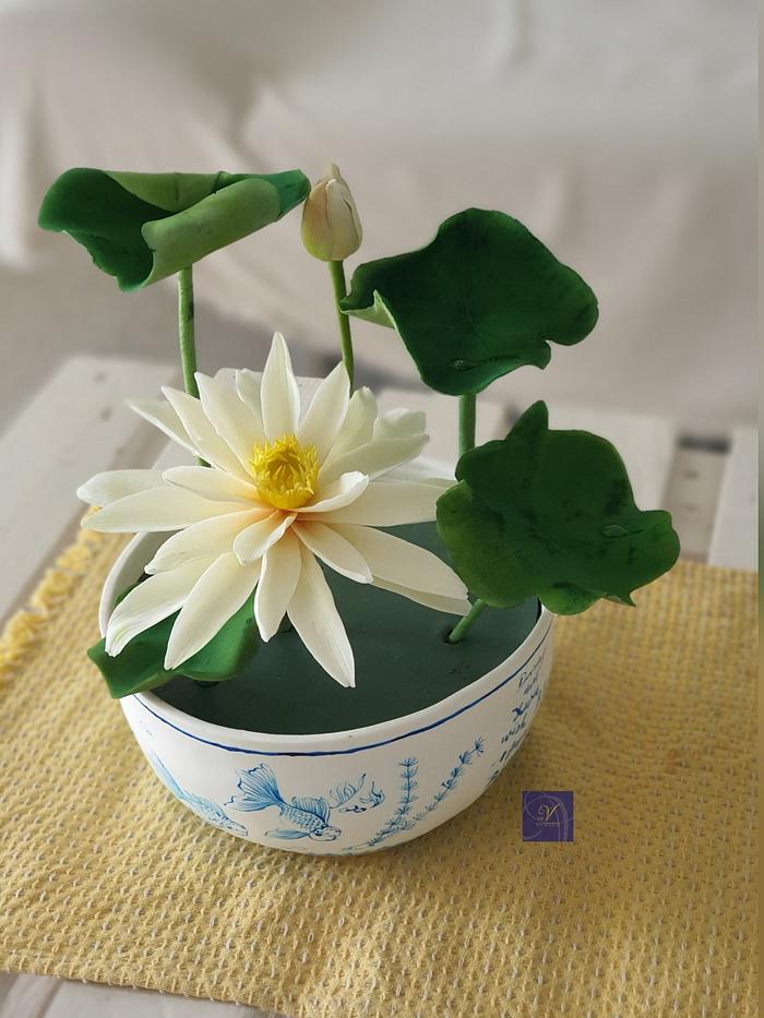 Water Lillies and Hand Painted Blue White Porcelain Cake