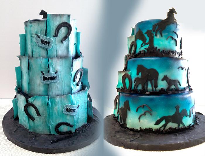 Front and Back teal silhouette horse birthday cake.