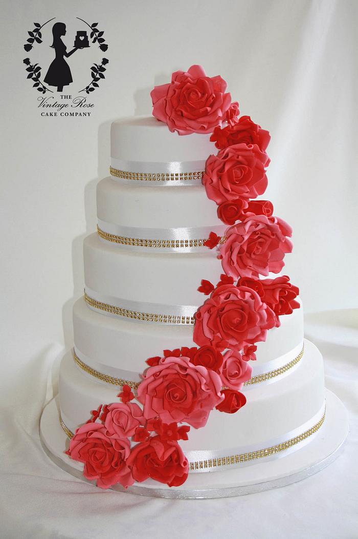 5 Tier Coral Red Rose Cascade 