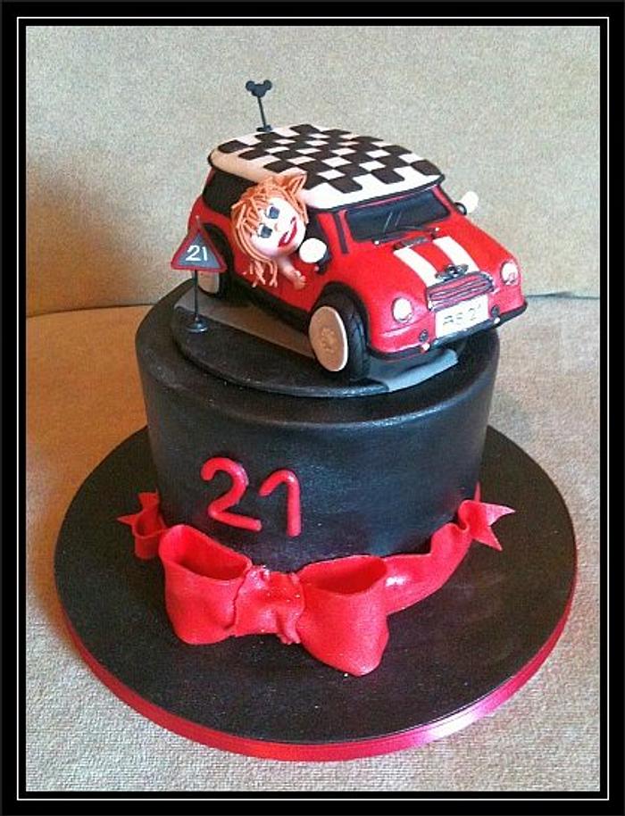 21st birthday cake with mini cooper topper