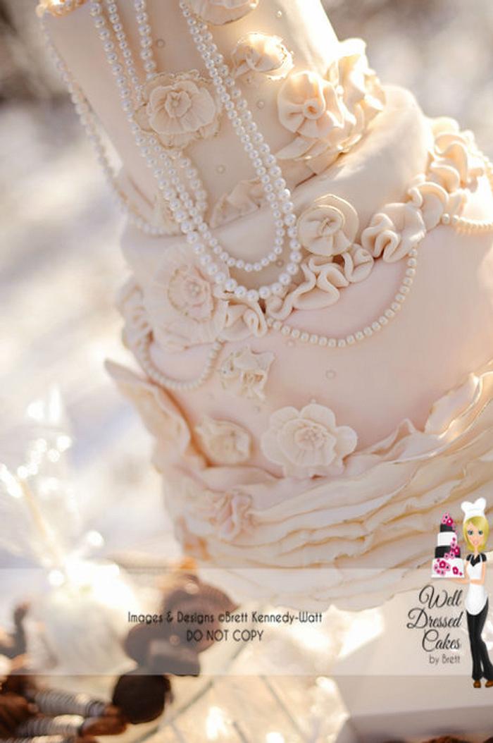 Vintage pearl and ruffle wedding cake