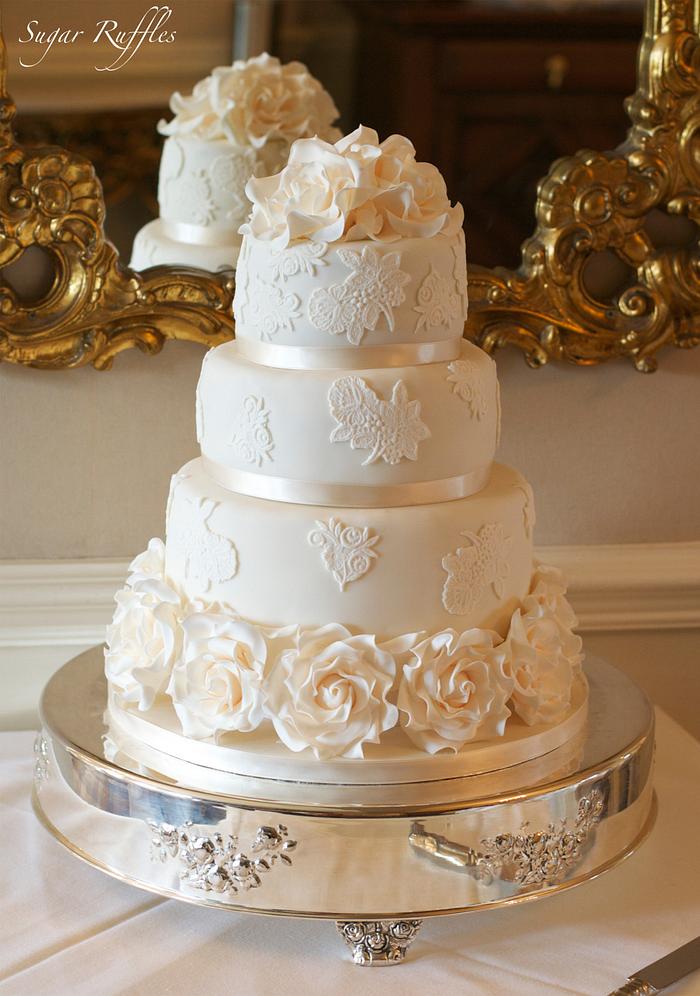 Ivory Rose & Lace Wedding Cake