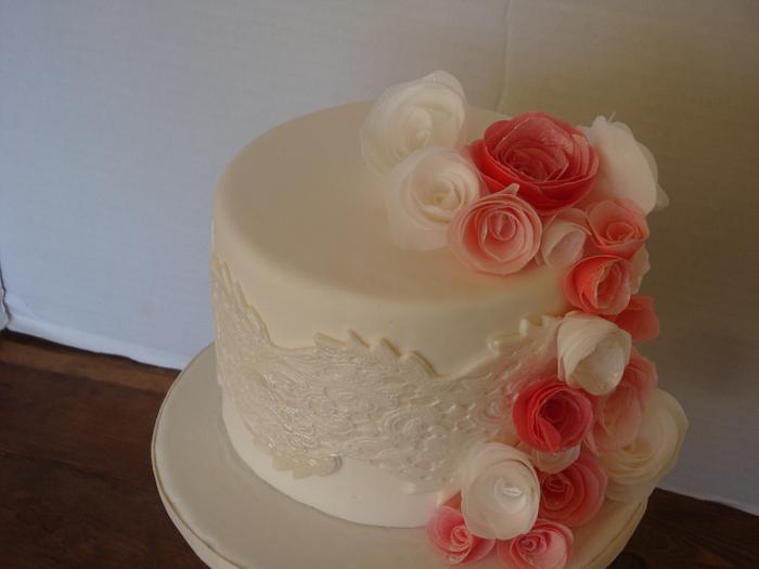 Bridal Shower Cake - Wafer Paper Rolled Roses in different shades of pink. 