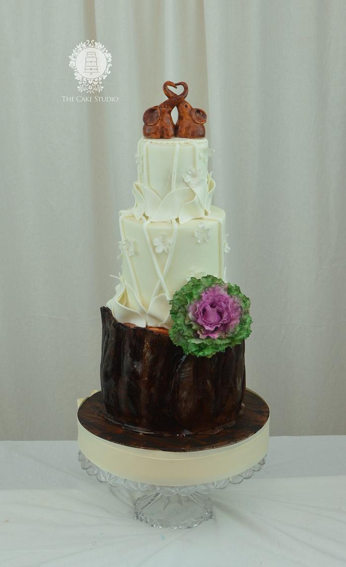 Rustic Cake with Elephant Topper and Ornamental Kale