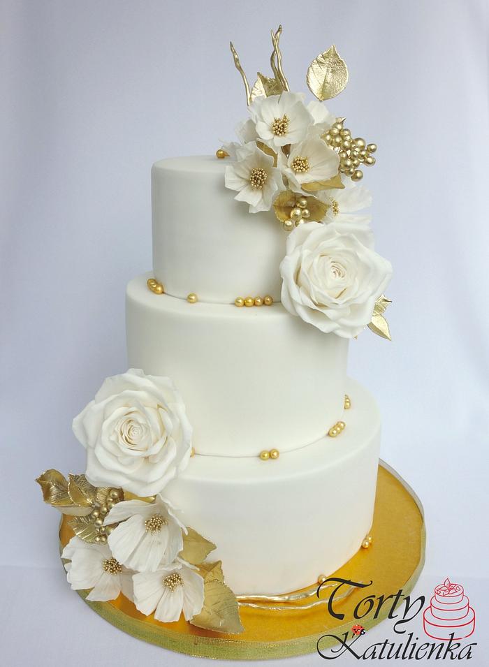 White - gold wedding Cake