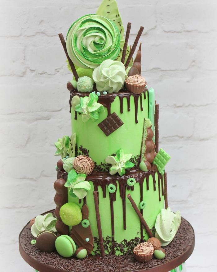 A mint and chocolate drip cake 