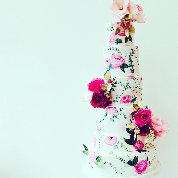 Floral Handpainted Wedding Cake.