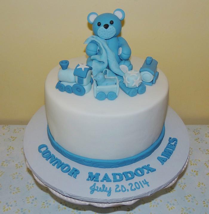 Blue Teddy and Toy Train Baptism Cake 