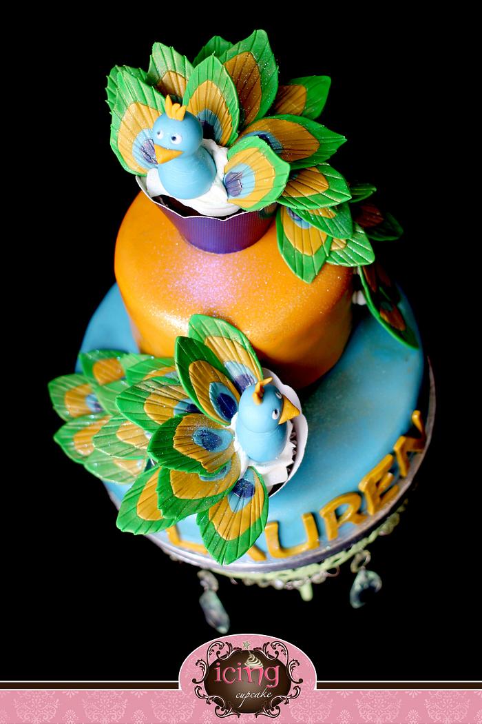Pretty Peacock Cake and Cupcakes