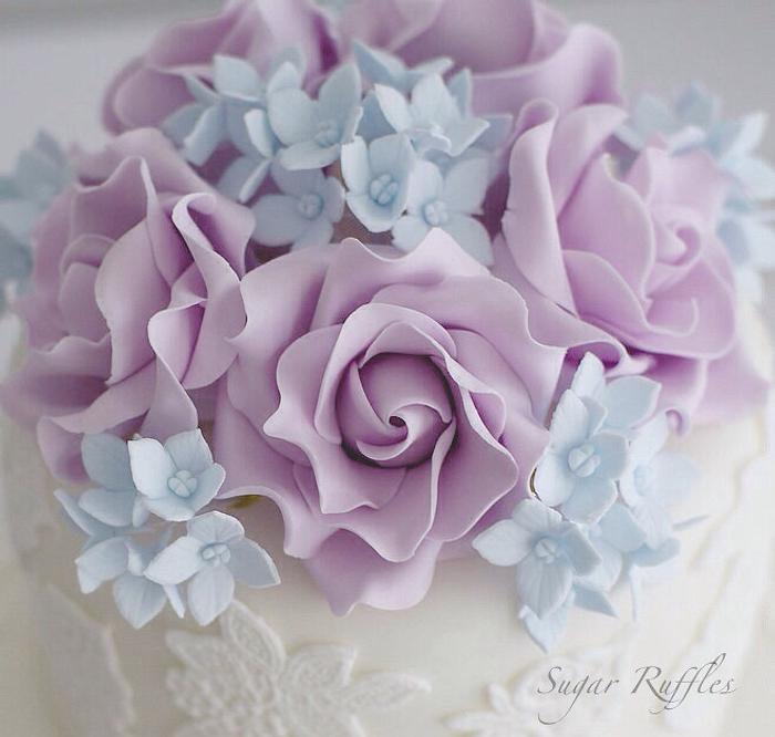 Pacific Blue Roses & Blue Hydrangea Wedding Cake
