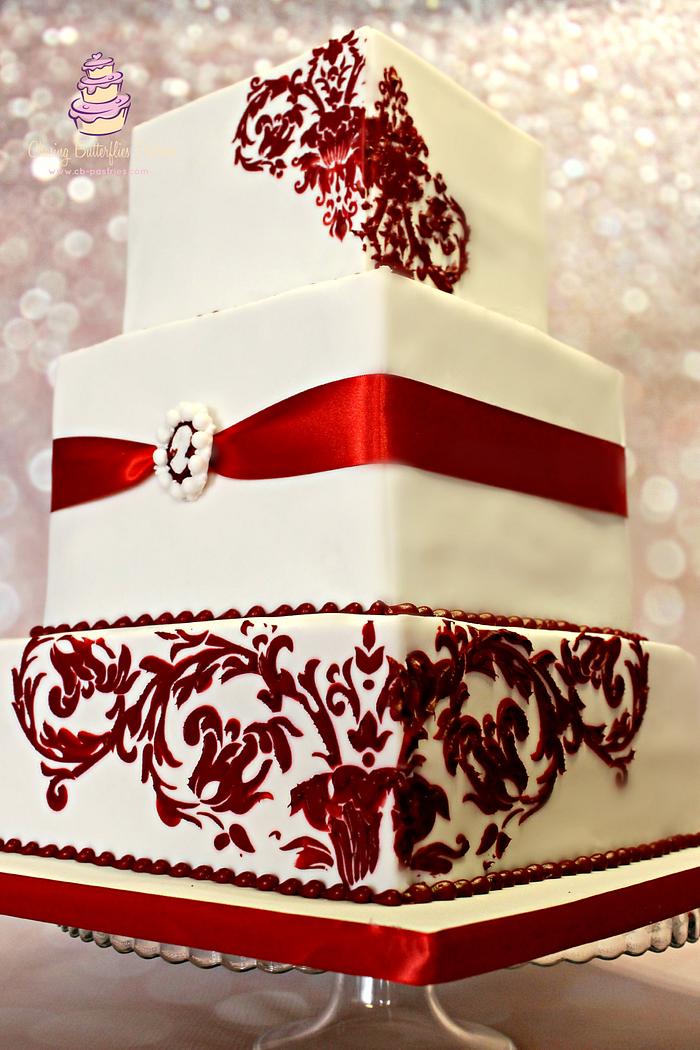 Red Damask Square Wedding Cake