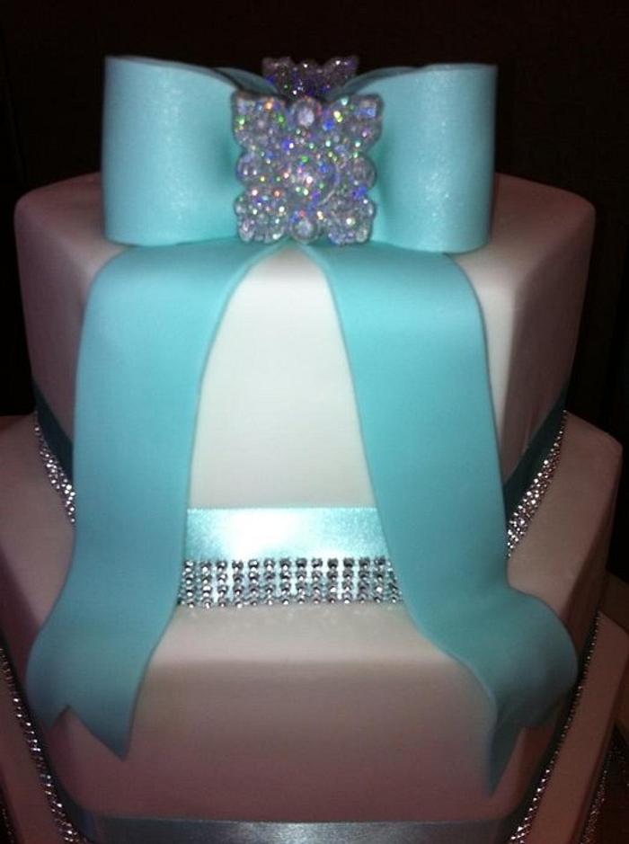 Blingy Edible broach on Tiffany blue & bling wedding cake