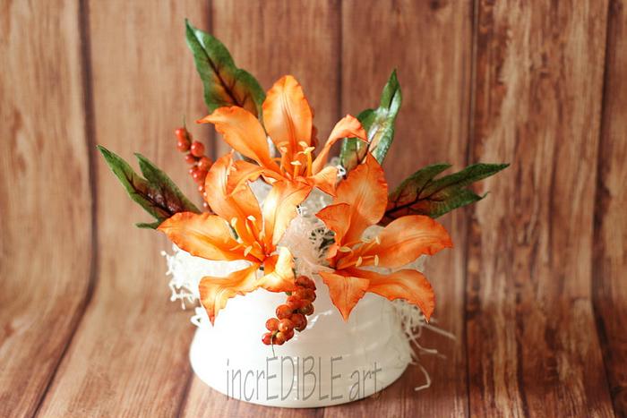 Butterfly flowers and Crotons for a cake!