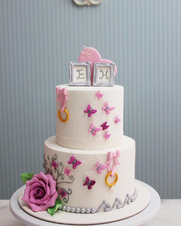 Butterfly and rose engagement Cake 