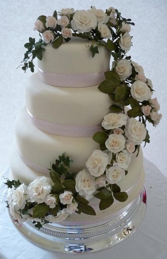 White Rose Swag Wedding Cake
