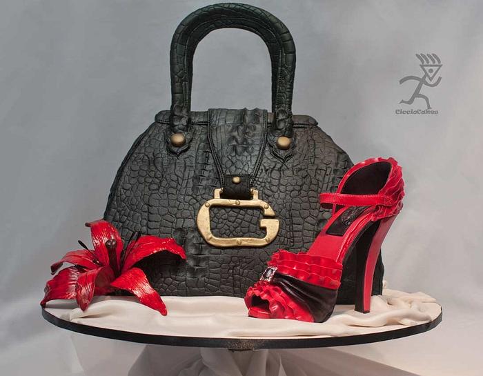 Crocodile Skin Guess Handbag with Pink Versace Ruffle Stiletto