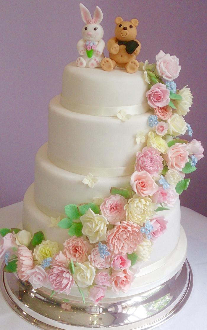 Bunny and Bear Flower Cascade Wedding Cake