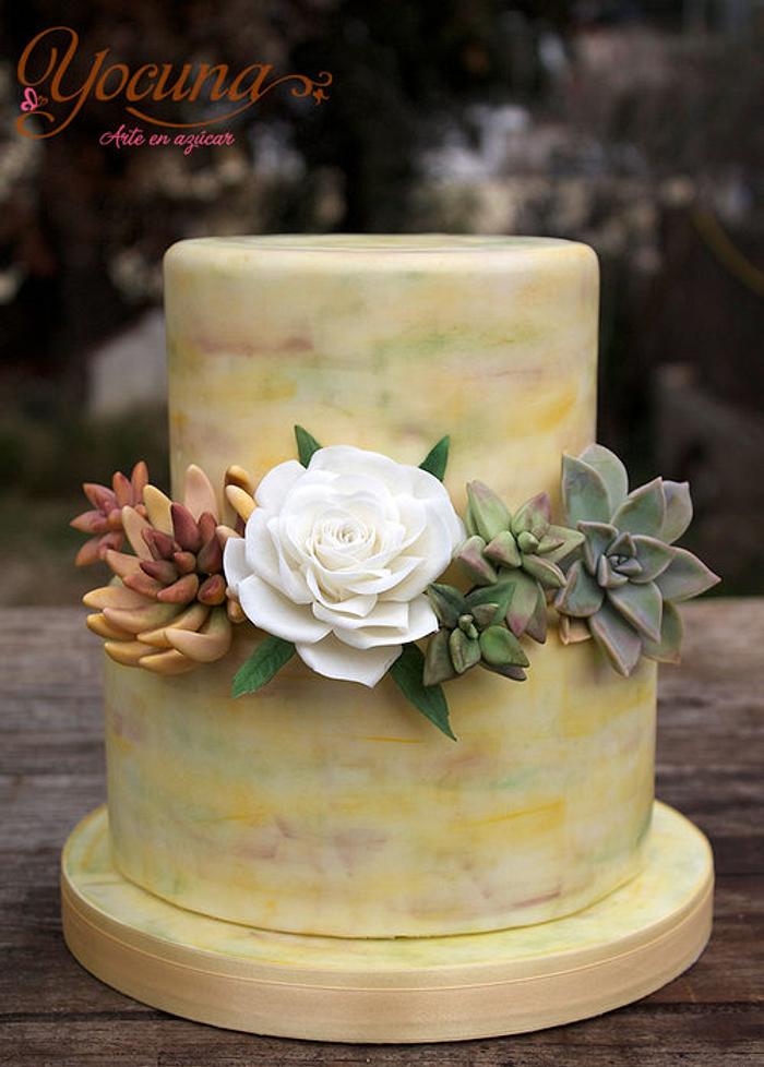 Tarta con Rosa y plantas Suculentas. - Cake with rose and Succulent plants.