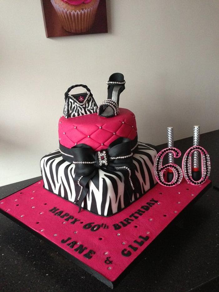 zebra ,pink ,shoes handbag and bling cake