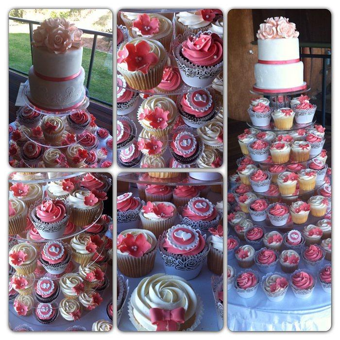 Coral and white cupcake wedding tower