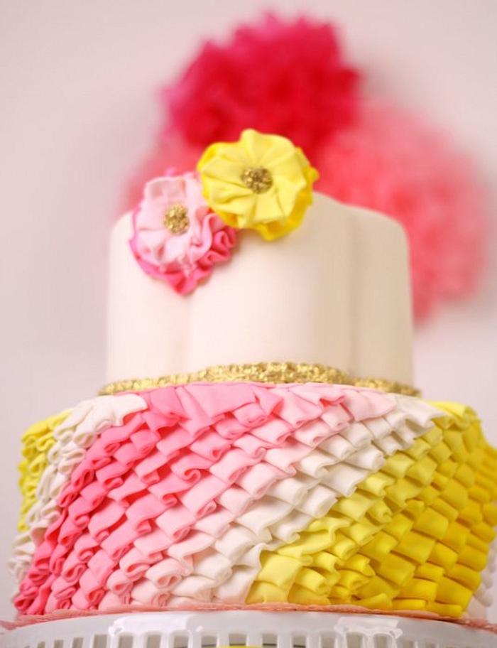 Pink and yellow ombre ruffle cake