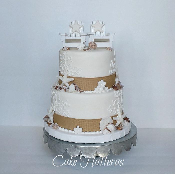 Burlap and Pearl Beach Wedding Cake