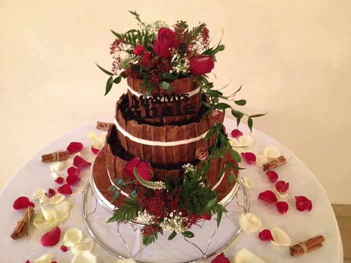 Wooden effect barrel wedding cake