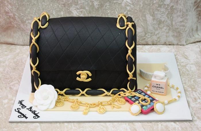 Chanel bag, iPhone and parfume cake