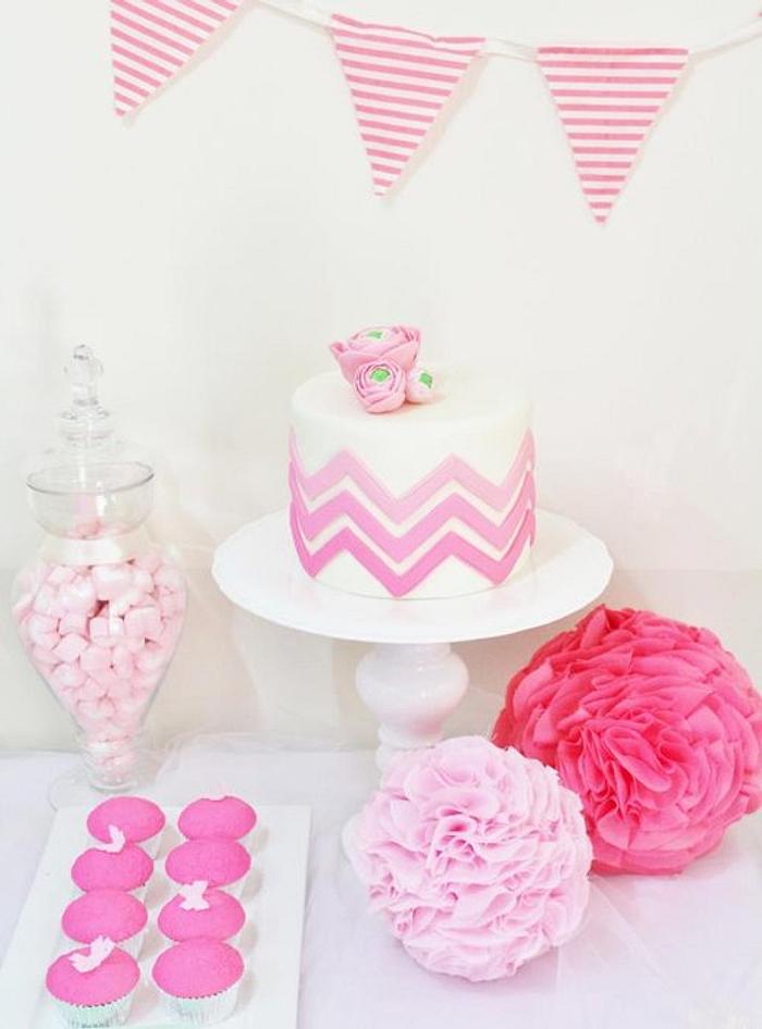 Ombre Chevron and Ranunculus cake