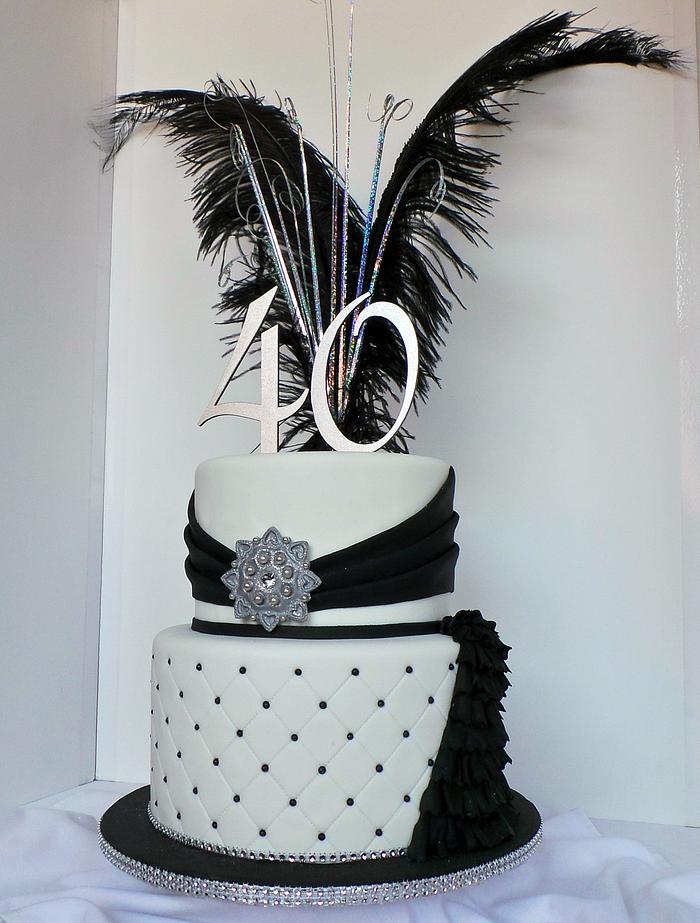 Black, white and silver elegant 40th birthday cake