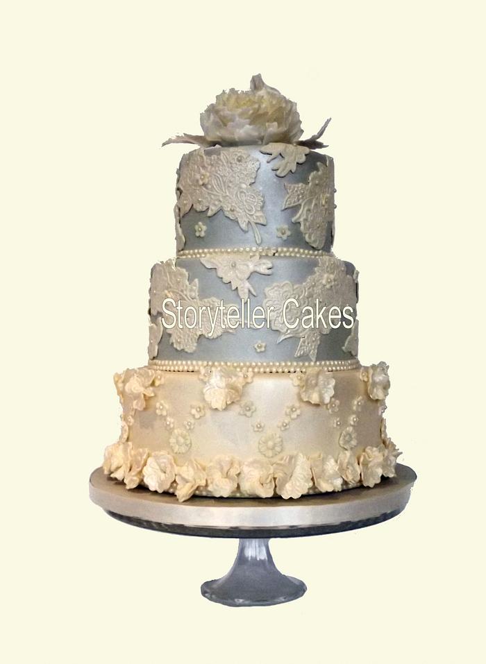 Silky Ivory & Silver Lace & Peony Wedding Cake 