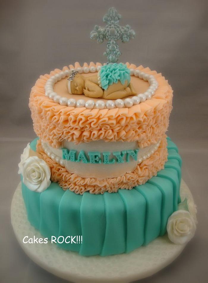 Baby Dedication Cake in Coral & Aqua