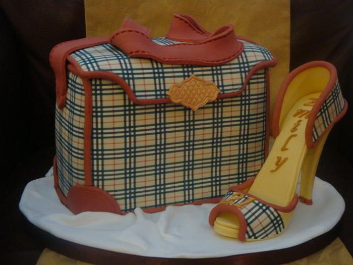 Burberry style handbag and high heel shoe