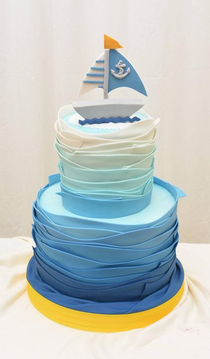 Nautical Themed Cake with  Ombre Ruffle Waves