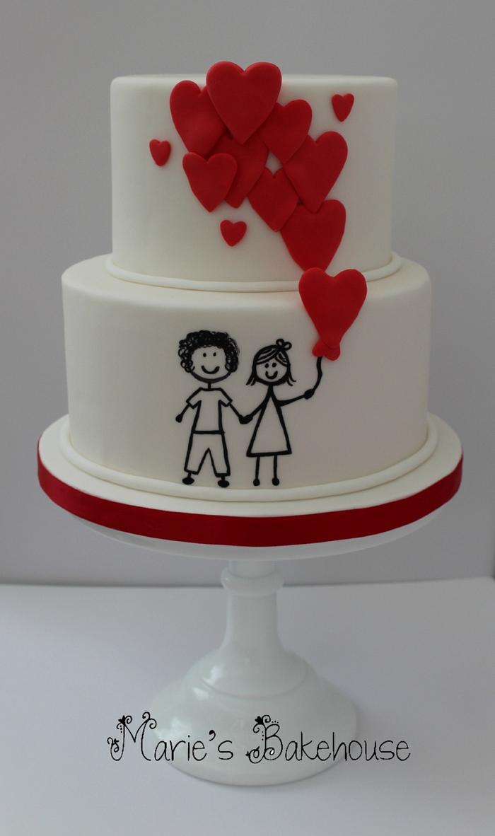 Cartoon couple with heart balloons wedding cake