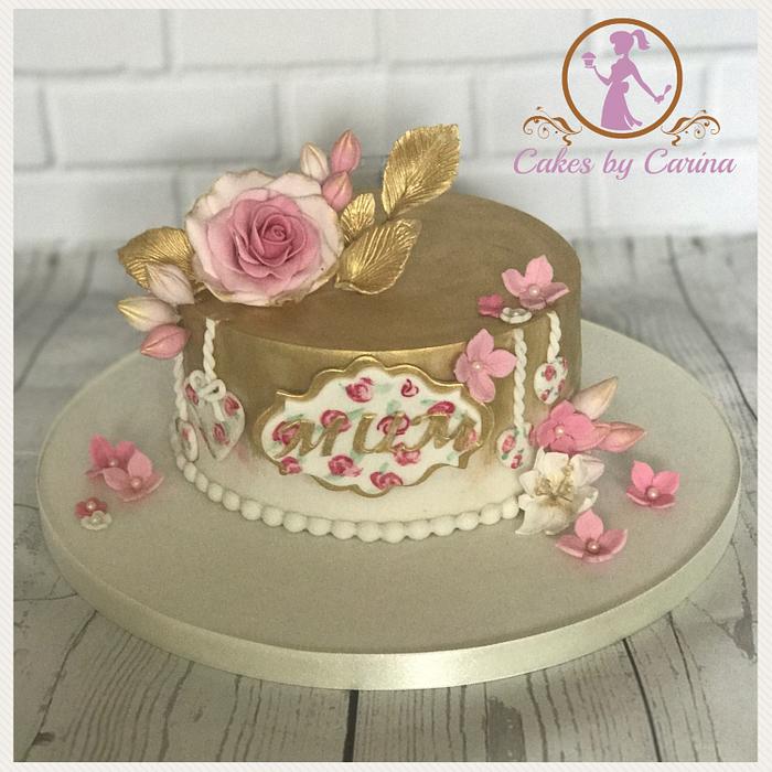 Floral rose and gold leaf cake