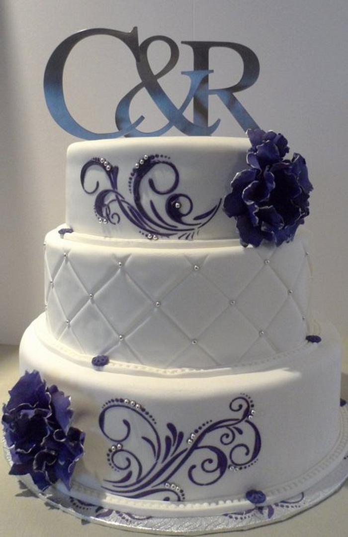 purple and silver themed engagement cake