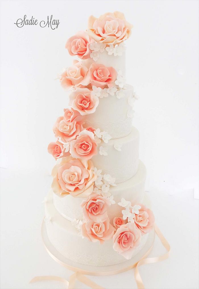 Peach and Ivory Rose Casade Wedding Cake 