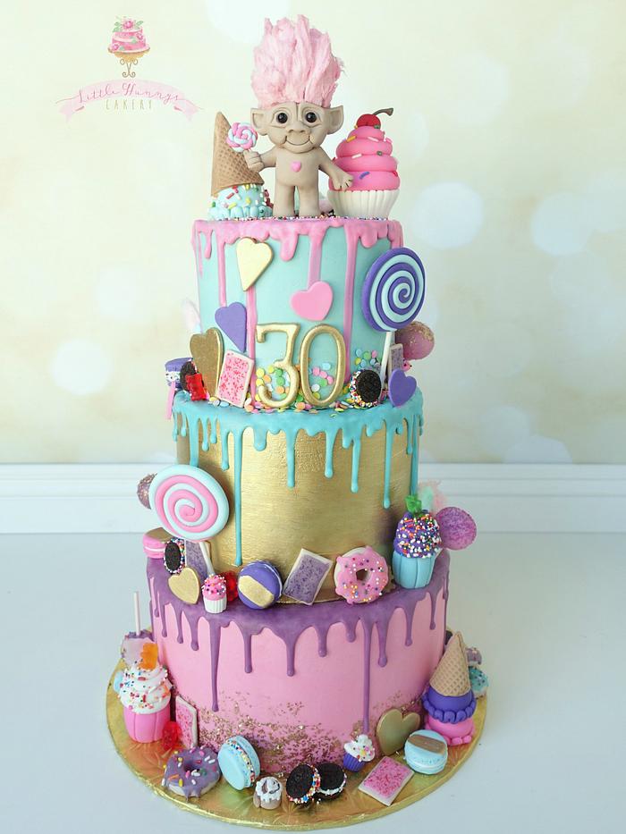 Colorful Chocolate Drip Candy and Sweets themed birthday cake