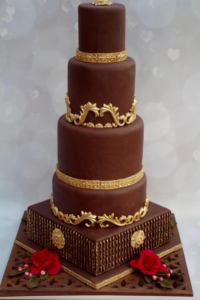 Chocolate and gold wedding cake