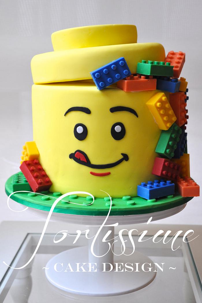 Lego Man Head Cake with Solid Chocolate Lego Blocks