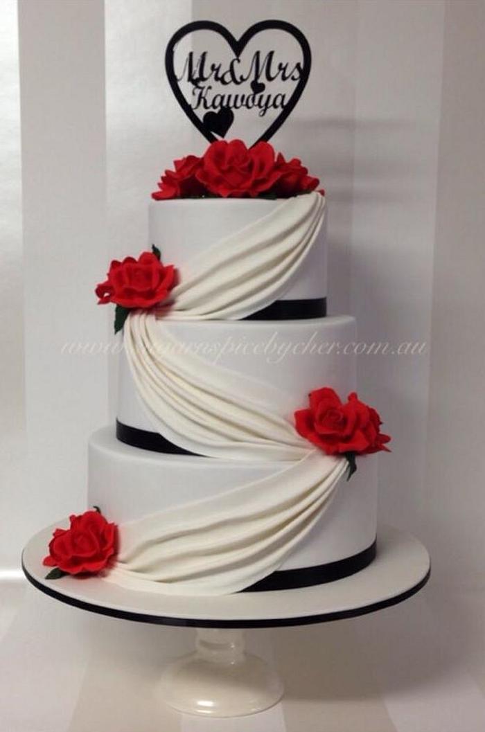 Red Roses Drape Wedding Cake