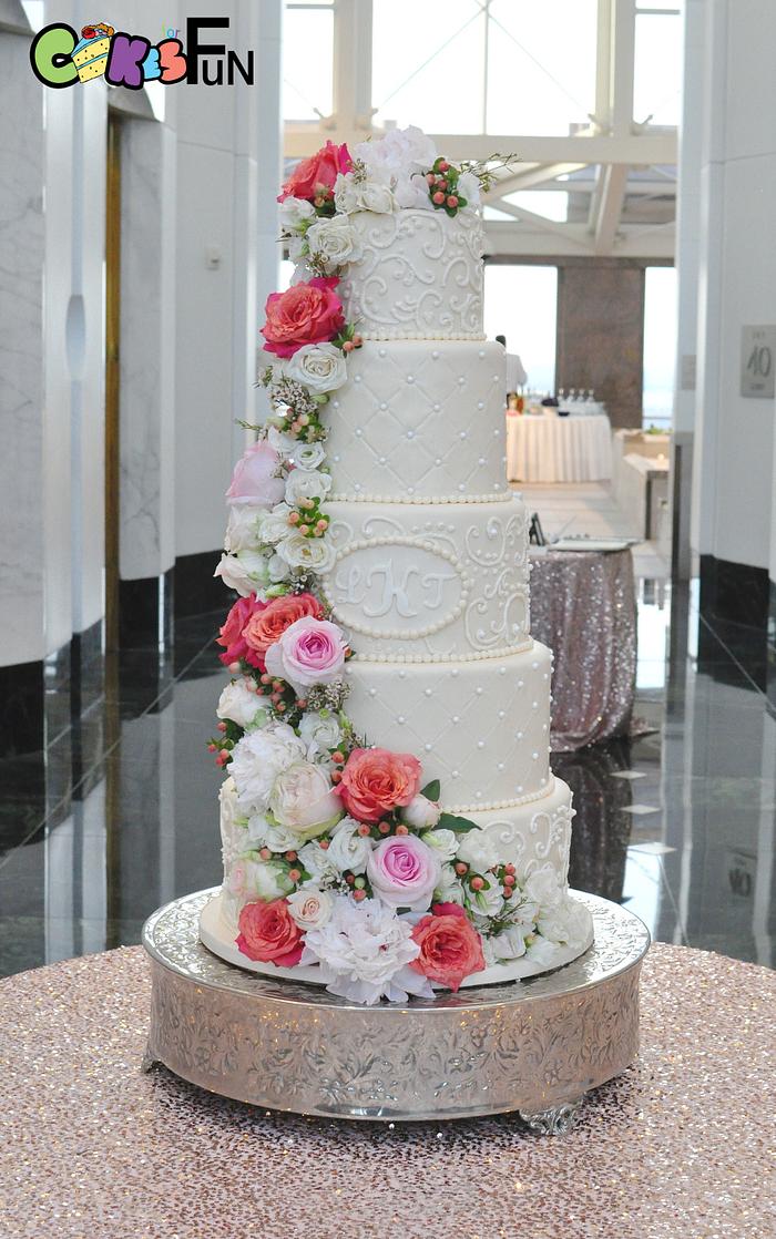 de Cake Fortress - 5 tier wedding cake structure with peach and maroon  sugar flowers | Facebook