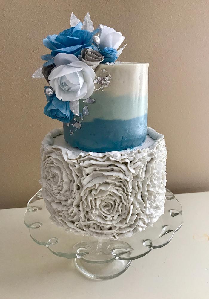 Ombré ruffle rosette cake with wafer paper roses