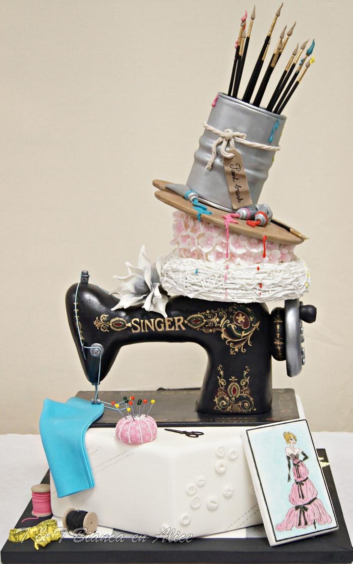 Sewing machine cake, painted, flowers