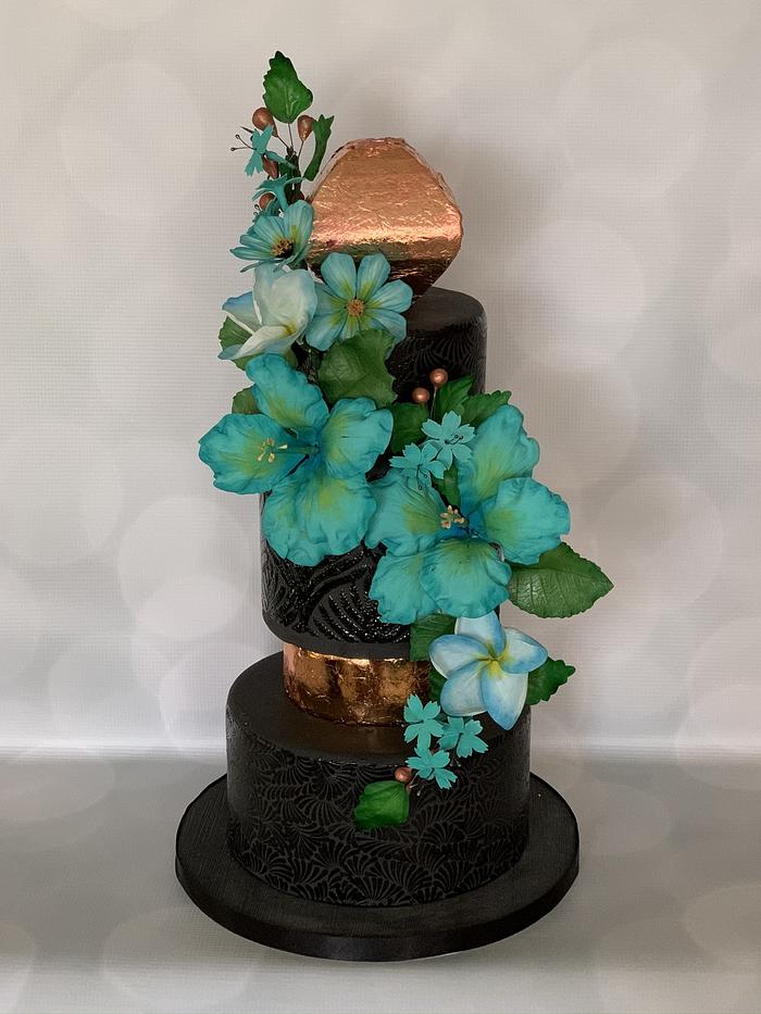  Black and blue Hibiscus  wedding cake